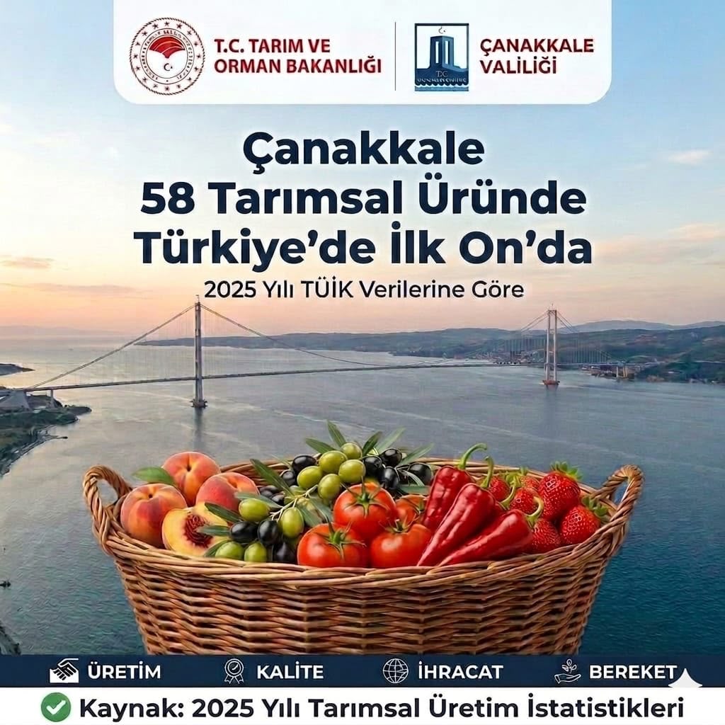 Çanakkale, 58 tarımsal üründe Türkiye'nin ilk 10'u arasında
